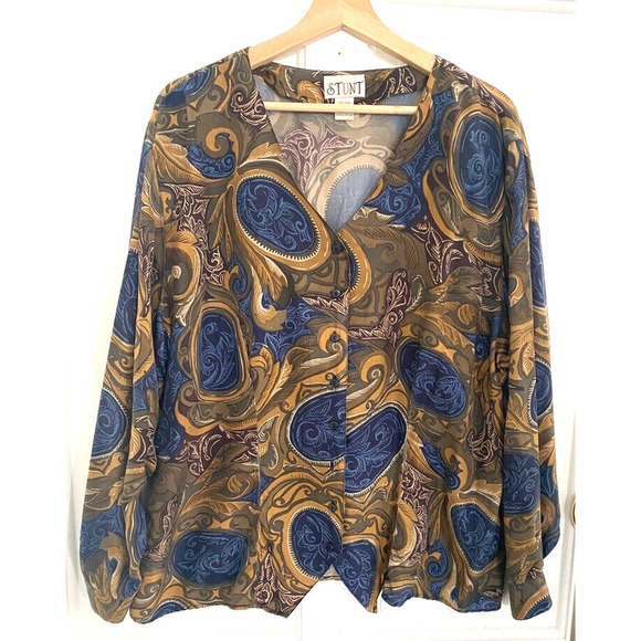 Stunt - Long sleeve Brown & Blue 100% Silk V Neck blouse women's size 2x - Picture 1 of 6